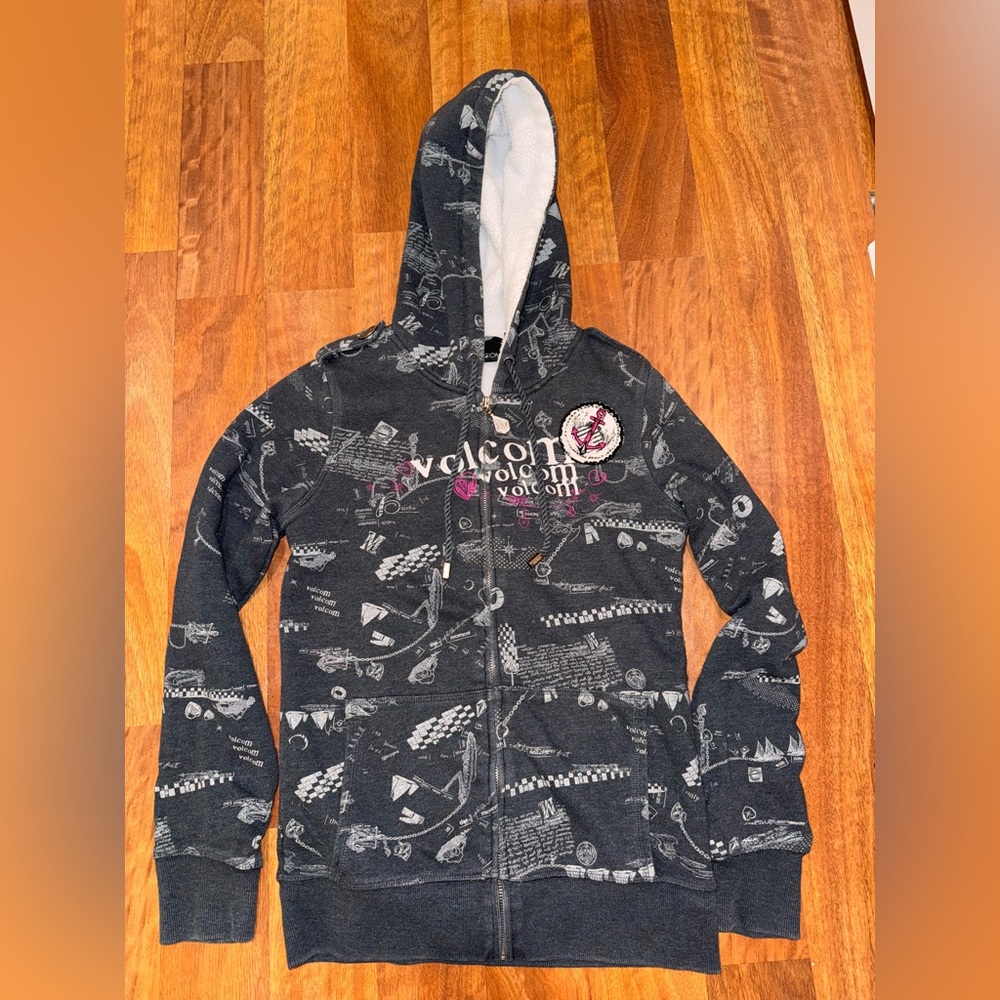 Volcom Y2K 90s retro Gray and pink Patterned Hoodie zip up jacket medium